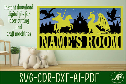 Dragon scene name sign SVG 3 layer laser cut SVG APInspireddesigns 