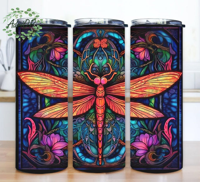 Dragonflies Flowers 20oz Skinny Tumbler Sublimation Design, Dragonfly Floral Stained Glass, Colorful Dragonfly Flower Tumbler Wrap, Dragonfly Tumbler Design Sublimation AdriOP 