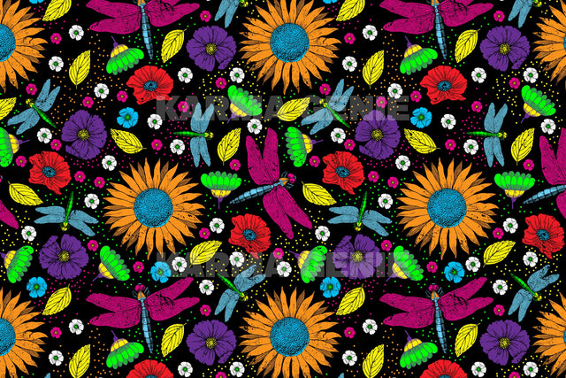 Dragonflies & Flowers - Boldly Coloured- Seamless Jpg Digital Pattern Karma Genie Graphics 