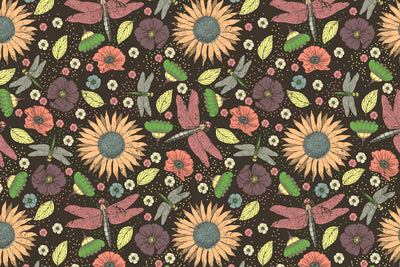 Dragonflies & Flowers - Faded/Distressed - Seamless Jpg Digital Pattern Karma Genie Graphics 