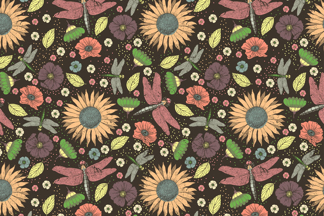 Dragonflies & Flowers - Faded/Distressed - Seamless Jpg Digital Pattern Karma Genie Graphics 