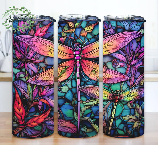Dragonflies Neon Stain Glass 20oz Skinny Tumbler Png, Vibrant Dragonflies Neon Tumbler Wrap Tumbler Template, Neon Rainbow Dragonfly Design Png Sublimation AdriOP 