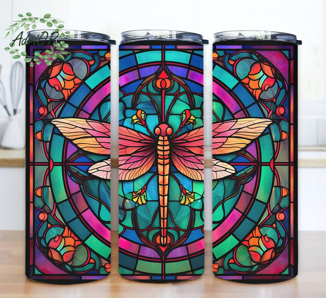 Dragonflies Neon Stain Glass 20oz Skinny Tumbler Png, Vibrant Dragonflies Neon Tumbler Wrap Tumbler Template, Neon Rainbow Dragonfly Design Png Sublimation AdriOP 