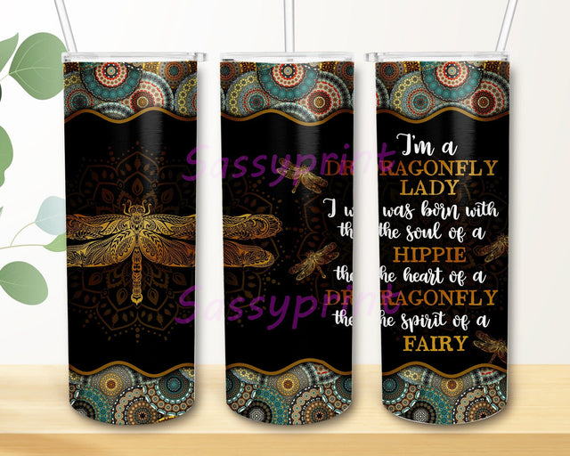 Dragonfly 20oz Skinny Tumbler Png, Stainless Steel Mandala Pattern Bohemian Girl Hippie Gifts, Flying Insect Mystical Animal, Tumblers With Dragonfly Gift Sublimation sassyprint 