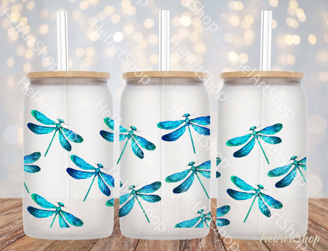 Dragonfly Can Glass Wrap | Rustic 16oz Libbey Glass PNG Sublimation _HelArtShop_ 