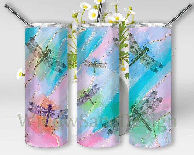 Dragonfly Design Tumbler, Dragonfly 20oz Skinny Tumbler, Watercolor Glitter Tumbler Wrap, Dragonfly Sublimation Design, Digital Download Sublimation WillowSageDesign 