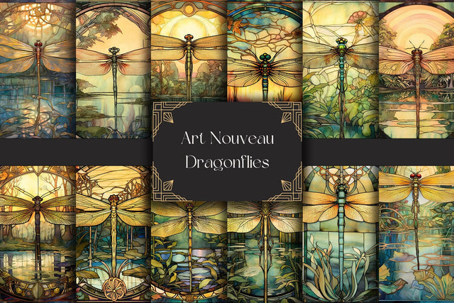 Dragonfly Digital Backgrounds - Art Nouveau Stained Glass Sublimation BijouBay 