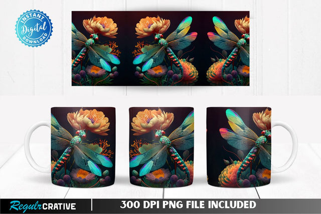 Dragonfly Flowers Color 11, 12 & 15 Oz Mug Sublimation Sublimation Regulrcrative 