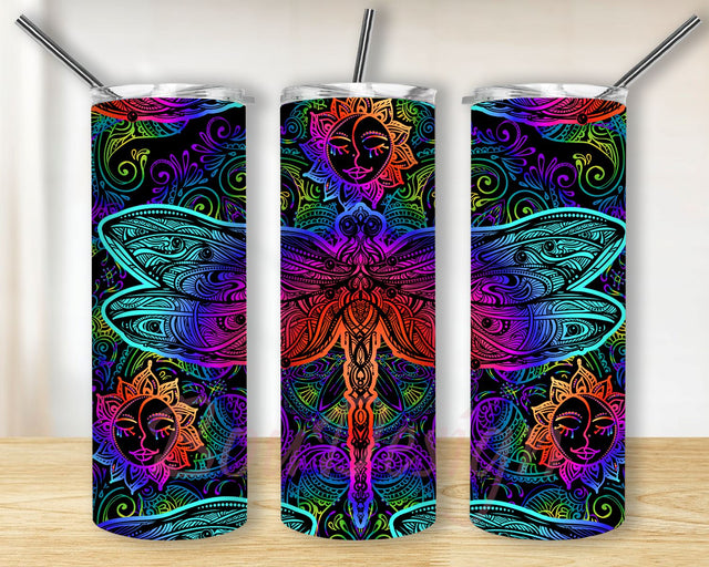 Dragonfly Mandala Sublimation Design, Tumbler Wrap, 20 oz Straight Tumbler PNG Sublimation BouDesign 
