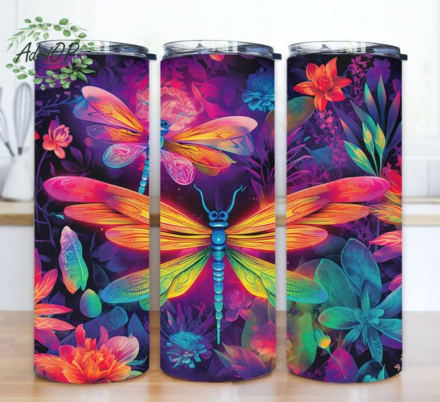 Dragonfly Neon Floral 20oz Skinny Tumbler Png, Rainbow Background Forest Tumbler, Dragonfly Animal Alcohol Ink Glitter, Straight Tumbler Wrap Sublimation AdriOP 