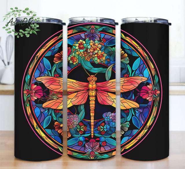 Dragonfly Neon Floral Window 20oz Skinny Tumbler Sublimation Design, Dragonfly Tumbler Design, Sublimation Tumbler Design Download Sublimation AdriOP 