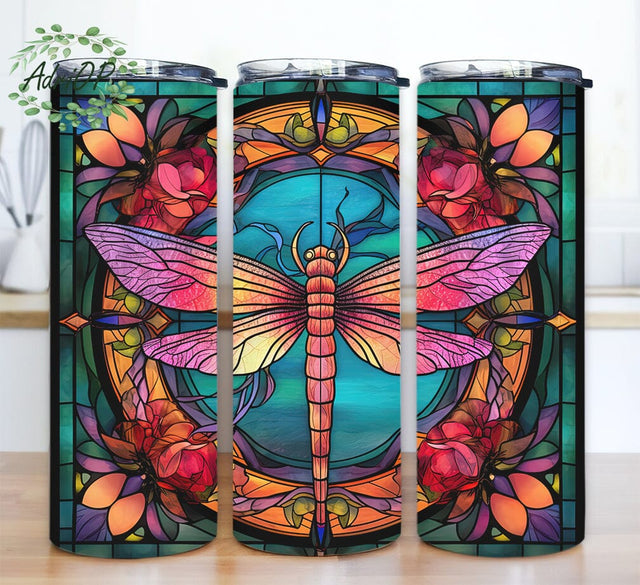 Dragonfly Neon Stained Glass Window 20oz Skinny Tumbler Sublimation Design, Dragonfly Floral Stained Glass, Dragonfly Tumbler Design Sublimation AdriOP 