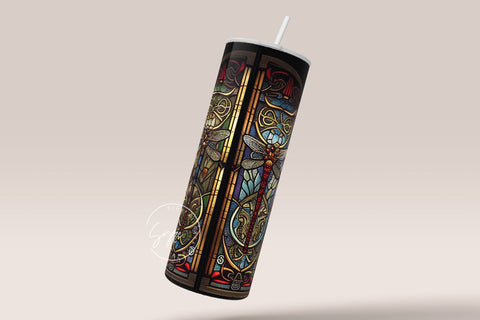 Dragonfly Stained Glass Tumbler Wrap, Dragonflies Mystic Stained Glass Windows, Alcohol Ink Design, 20oz Skinny Tumbler Seamless Sublimation Sublimation Syre Digital Creations 