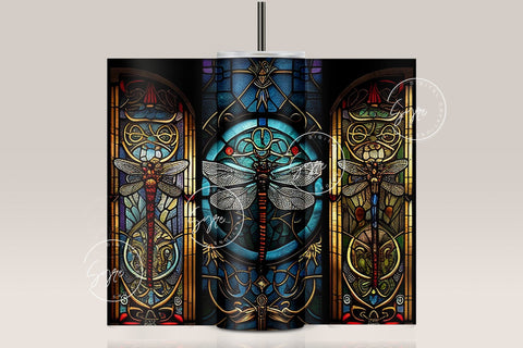 Dragonfly Stained Glass Tumbler Wrap, Dragonflies Mystic Stained Glass Windows, Alcohol Ink Design, 20oz Skinny Tumbler Seamless Sublimation Sublimation Syre Digital Creations 