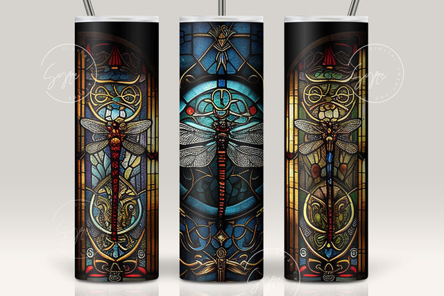 Dragonfly Stained Glass Tumbler Wrap, Dragonflies Mystic Stained Glass Windows, Alcohol Ink Design, 20oz Skinny Tumbler Seamless Sublimation Sublimation Syre Digital Creations 
