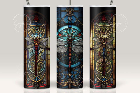 Dragonfly Stained Glass Tumbler Wrap, Dragonflies Mystic Stained Glass Windows, Alcohol Ink Design, 20oz Skinny Tumbler Seamless Sublimation Sublimation Syre Digital Creations 