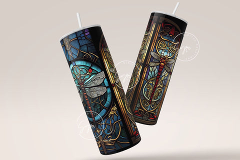 Dragonfly Stained Glass Tumbler Wrap, Dragonflies Mystic Stained Glass Windows, Alcohol Ink Design, 20oz Skinny Tumbler Seamless Sublimation Sublimation Syre Digital Creations 