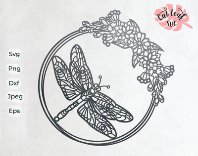 Dragonfly svg, Floral wreath svg, dxf files for plasma, cnc files for wood, zentangle svg, flower svg, spring svg, dragonfly clipart png SVG CutLeafSvg 