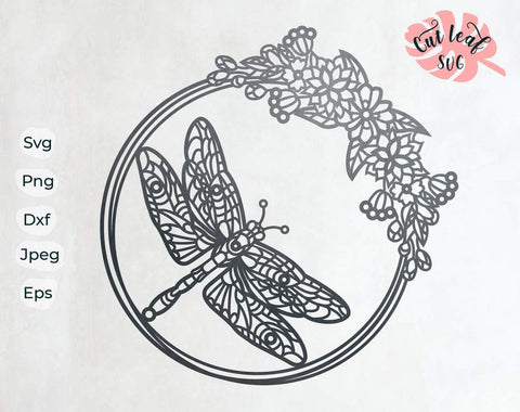 Dragonfly svg, Floral wreath svg, dxf files for plasma, cnc files for wood, zentangle svg, flower svg, spring svg, dragonfly clipart png SVG CutLeafSvg 