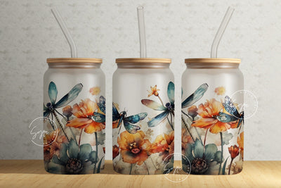 Dragonfly Tumbler, Alcohol Ink Floral Wrap, 16oz Libbey Glass Can Sublimation, Watercolor Flower Wrap, Flower Glass Can Design, Wild Flower Sublimation Syre Digital Creations 