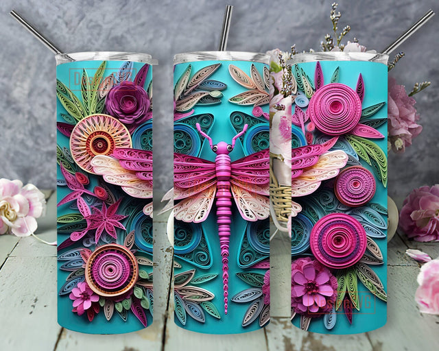 Dragonfly With Flowers 20oz Skinny Tumbler Sublimation Design, Background Blue Dragonfly Tumbler, Stained Glass Colorful Dragonfly Tumbler Wrap, Watercolor Dragonfly Tumbler Sublimation DesignSVG 