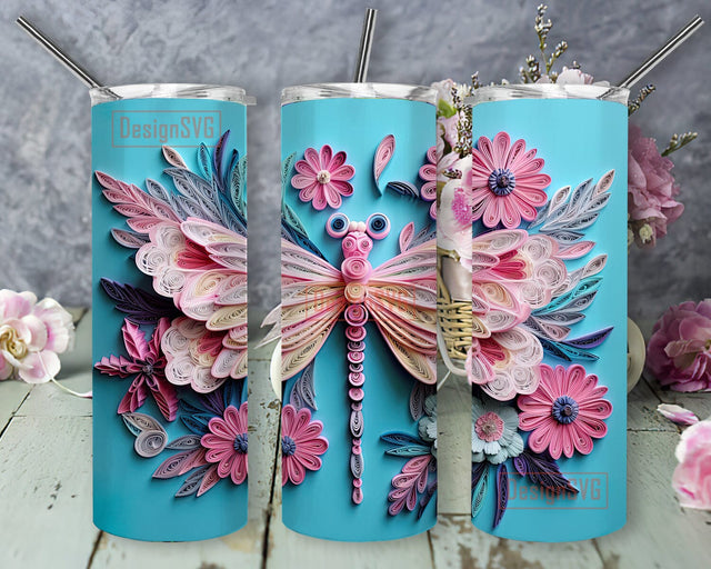 Dragonfly With Flowers 20oz Skinny Tumbler Sublimation Design, Background Blue Dragonfly Tumbler, Stained Glass Colorful Dragonfly Tumbler Wrap, Watercolor Dragonfly Tumbler Sublimation DesignSVG 