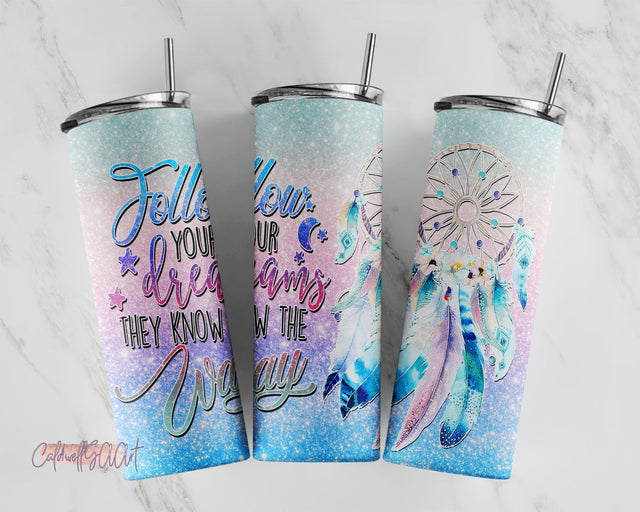 Dream Catcher 20oz Skinny Tumbler Design, Pink Glitter Tumbler Wrap Template for Straight Tapered Tumblers Sublimation CaldwellArt 