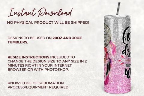 Dream Catcher Sublimation Tumbler Designs Pink Glitter 20oz Skinny Tumbler Wraps Templates - PNG Digital Download Sublimation TumblersByPhill 