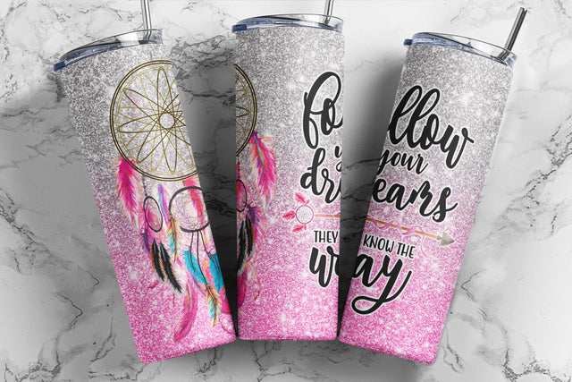 Dream Catcher Sublimation Tumbler Designs Pink Glitter 20oz Skinny Tumbler Wraps Templates - PNG Digital Download Sublimation TumblersByPhill 
