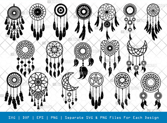 Dream Catcher SVG Cut Files, Dream Catcher Silhouette, Feather Svg, Boho Svg, Moon Catcher Svg, Flower Dreamer Svg, Dream Catcher Bundle, SVG ETC Craft 