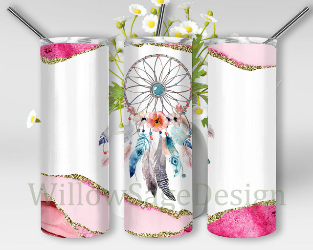 Dreamcatcher Tumbler Template, Dreamcatcher Marble Tumbler Wrap, Boho Feathers Sublimation Design, Digital Download Sublimation WillowSageDesign 
