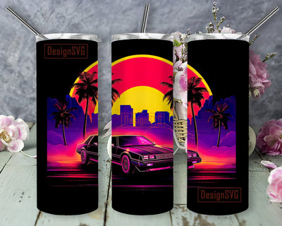 Dreamfull Cosmic Fantasy Synthwave Summer Sunset Hollywood 20oz Skinny Tumbler Png, Vintage Retro Neon Sunset Beach Old Car Tumbler, Vintage Hippie Car Tumbler Sublimation DesignSVG 