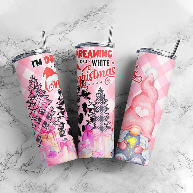 Dreaming of a Pink Christmas 20oz skinny tumbler Png, Gift for Christmas, Christmas Gnome Tumbler Sublimation CaldwellArt 