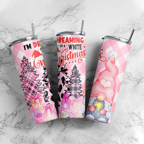 Dreaming of a Pink Christmas 20oz skinny tumbler Png, Gift for Christmas, Christmas Gnome Tumbler Sublimation CaldwellArt 