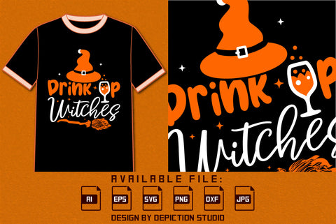 Drink Up Witches T-Shirt, Happy Halloween Shirt, Halloween Hat, Broom Shirt, Halloween Drink Cup Shirt Print Template SVG Depiction Studio 