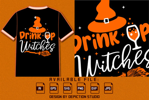 Drink Up Witches T-Shirt, Happy Halloween Shirt, Halloween Hat, Broom Shirt, Halloween Drink Cup Shirt Print Template SVG Depiction Studio 