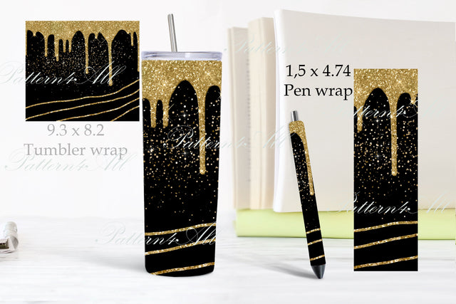 Dripping Glitter Straight Tumbler Design,Tumbler PNG, 20oz Skinny Tumbler Sublimation Template,Gold Glitter Tumbler and Glitter Pen Wrap,PNG 3D Paper ArtStudio 
