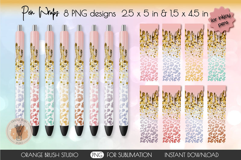 Dripping Leopard Glitter Pen Wraps Bundle For Epoxy Pens Sublimation OrangeBrushStudio 