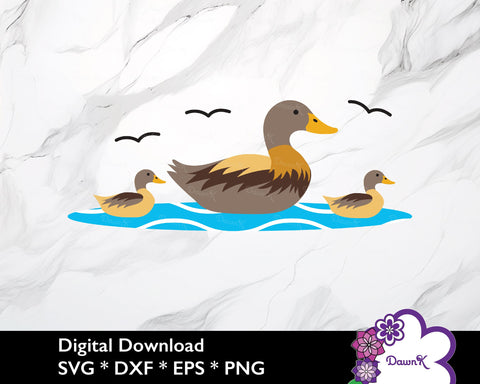 Duck Family SVG with Water and Birds SVG DawnKDesigns 