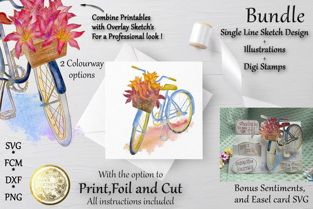 Dutch Bike with lilies in basket - Single line for Foil Quill | Digi Stamp | illustrations - Bundle Sketch DESIGN DrawnTogether with love 