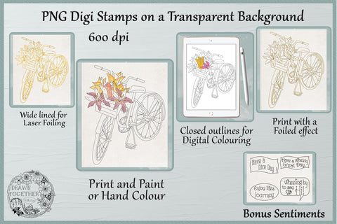 Dutch Bike with lilies in basket - Single line for Foil Quill | Digi Stamp | illustrations - Bundle Sketch DESIGN DrawnTogether with love 