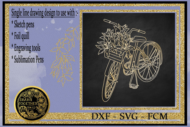 Dutch Bike with lilies in basket - Single line Sketch for Foil Quill Sketch DESIGN DrawnTogether with love 