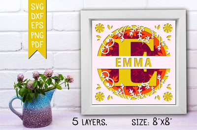 “E” 3D Flower Split Monogram Shadow Box SVG MD mominul islam 