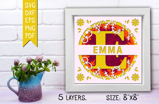 “E” 3D Flower Split Monogram Shadow Box SVG MD mominul islam 