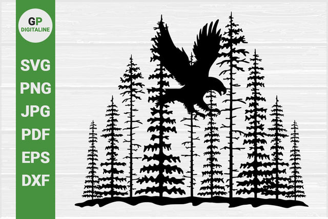 Eagle SVG, Bird of Prey SVG, Forest SVG, Woods SVG, Pine Trees SVG, Bird Fly SVG, Eagle Flies SVG, Wildlife SVG, Woodland Animal SVG, Wilderness SVG, Outdoor SVG, Nature SVG SVG GPDigitaline 