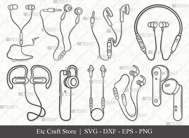 Earphones Outline SVG Cut File | Headphone Svg | Music Svg | Headset Svg | Earphones Bundle | Eps | Dxf | Png SVG ETC Craft 