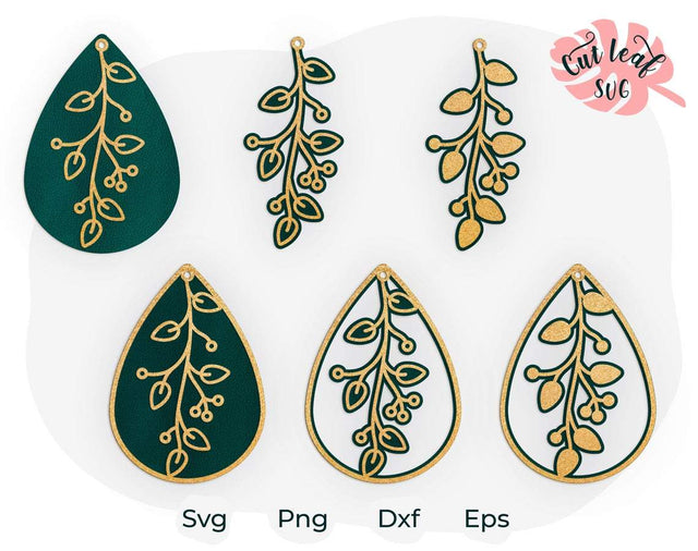 Earring svg, Floral svg, Flower svg, Faux leather earring svg, Botanical svg, Leather earring svg, Teardrop earrings svg, botanical earring SVG CutLeafSvg 