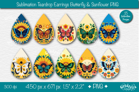Earrings Sublimation| Teardrop earring Butterfly and Sunflower sublimation bundle| Floral Country style Sublimation Createya Design 