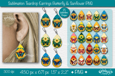 Earrings Sublimation| Teardrop earring Butterfly and Sunflower sublimation bundle| Floral Country style Sublimation Createya Design 
