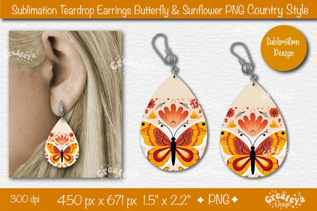 Earrings Sublimation Teardrop earring Butterfly and Sunflower sublimation Floral Country style Sublimation Createya Design 